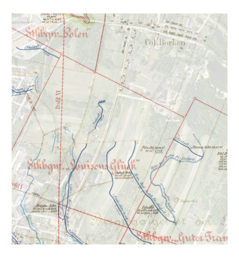 Pola górnicze kopalń „Luisensglück” i „Guter Traugott” na mapie z początków XX wieku